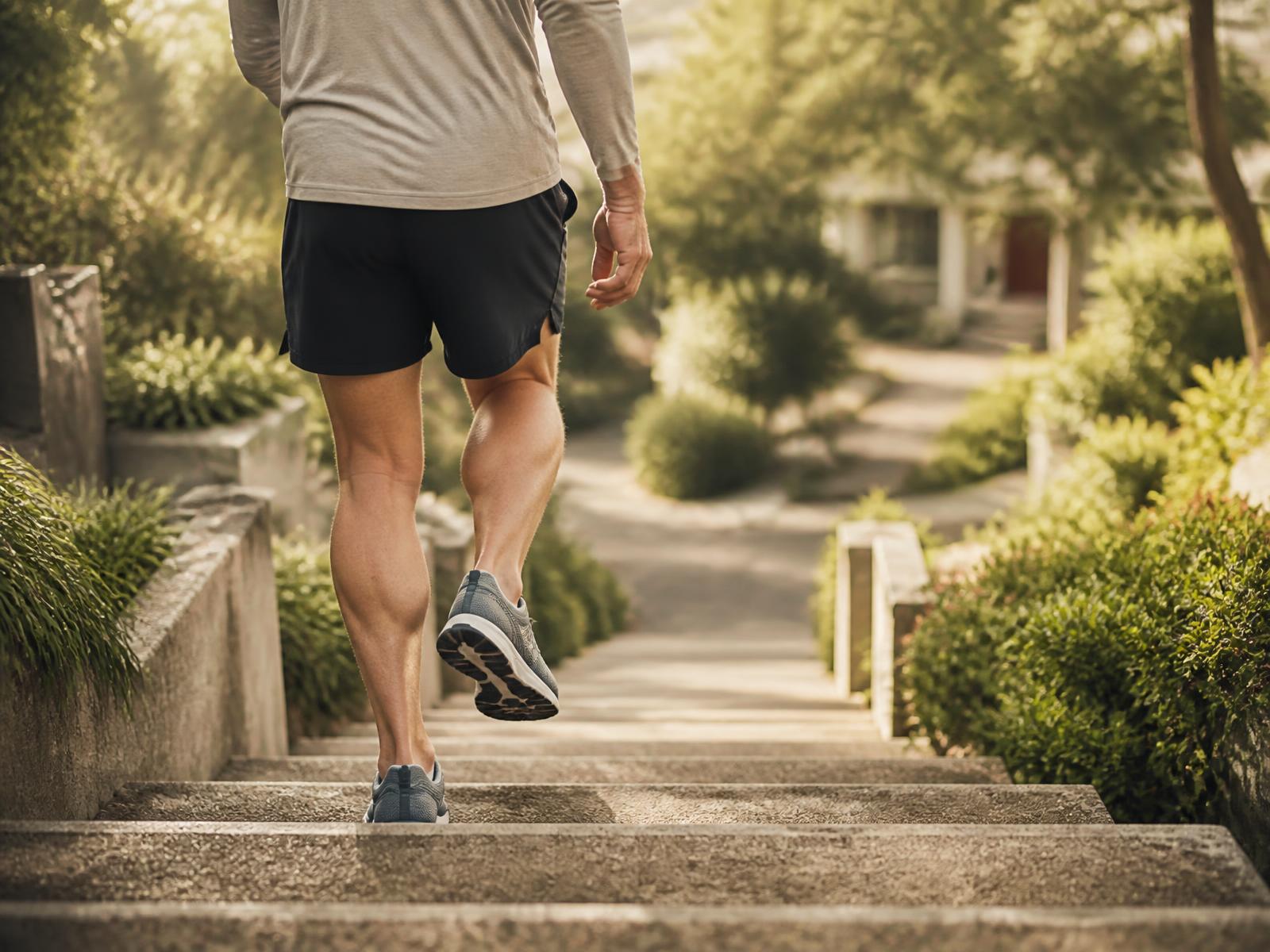 Adult walking down outdoor stairs in a Dunwoody neighborhood without hesitating at the knee